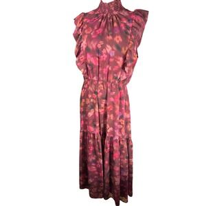 Steve Madden Womens Burgundy Floral Smocked High Neck Ruffle Tiered Midi Dress L
